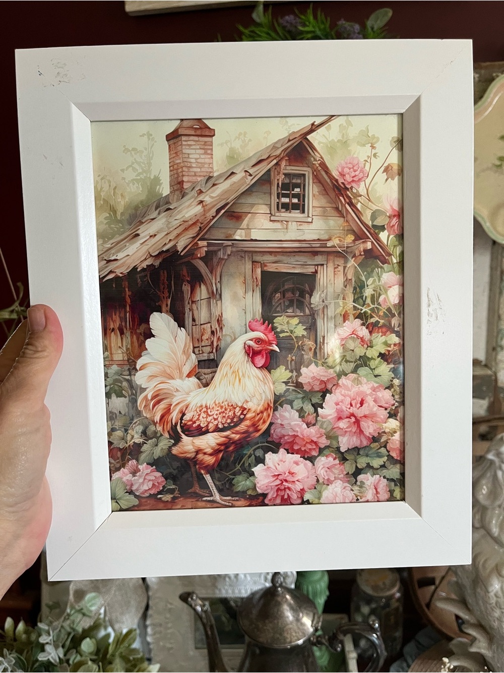 Hobby Lobby White Framed Rooster Art Print with Pink Floral Accents - Picture 8 of 13